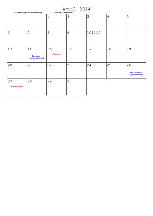 April 2014 Calendar Template Printable pdf