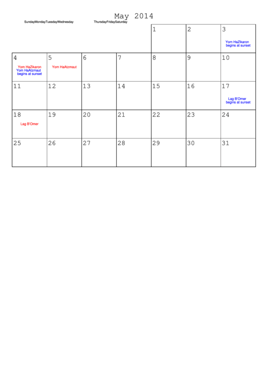 May 2014 Calendar Template Printable pdf