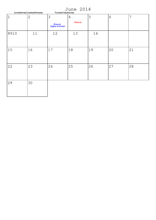 June 2014 Calendar Template Printable pdf