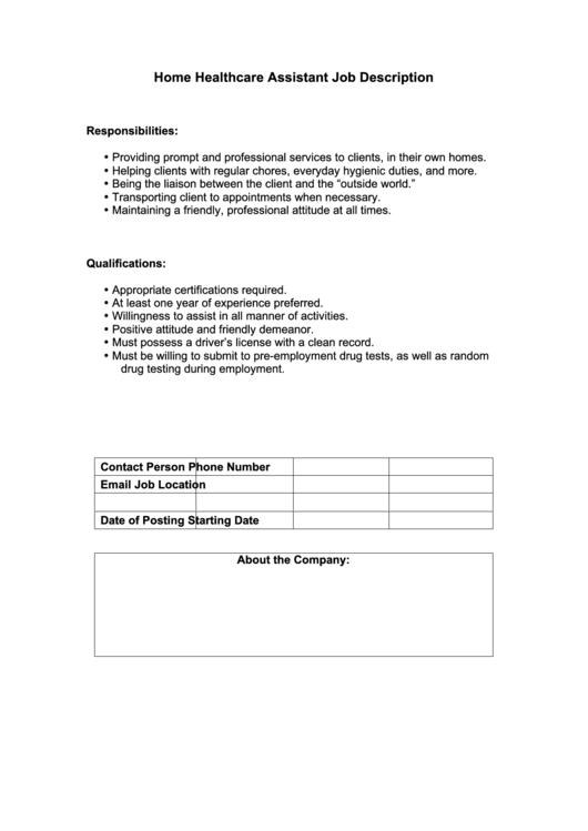 Home Healthcare Assistant Job Description Printable pdf