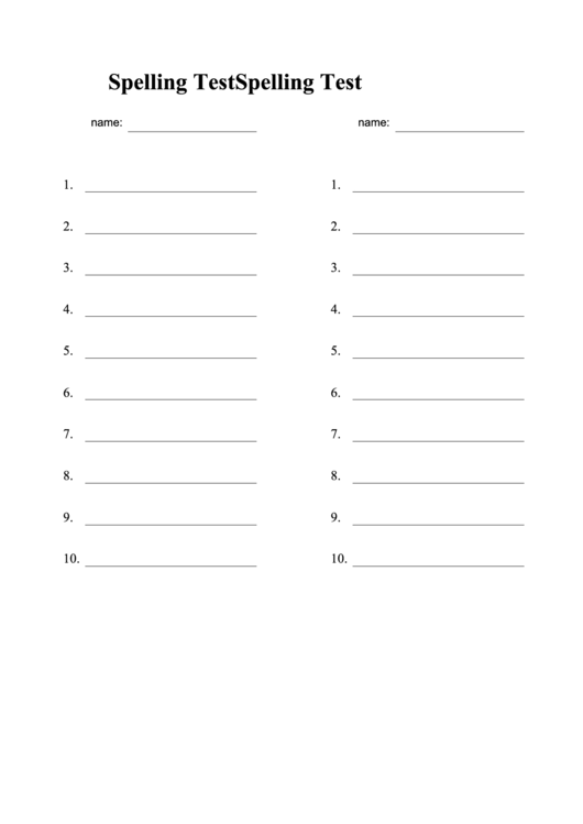 10 Point Spelling Test Template Printable pdf