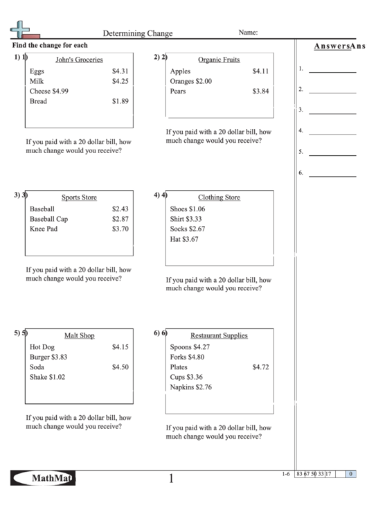 Determining Change Worksheet Printable pdf