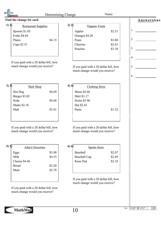 Determining Change Worksheet Printable pdf