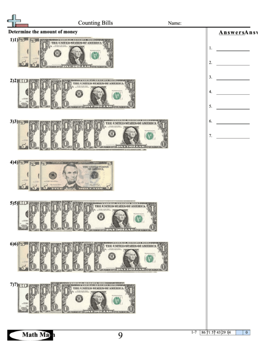 Counting Bills Worksheet printable pdf download