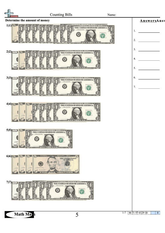 Counting Bills Worksheet printable pdf download