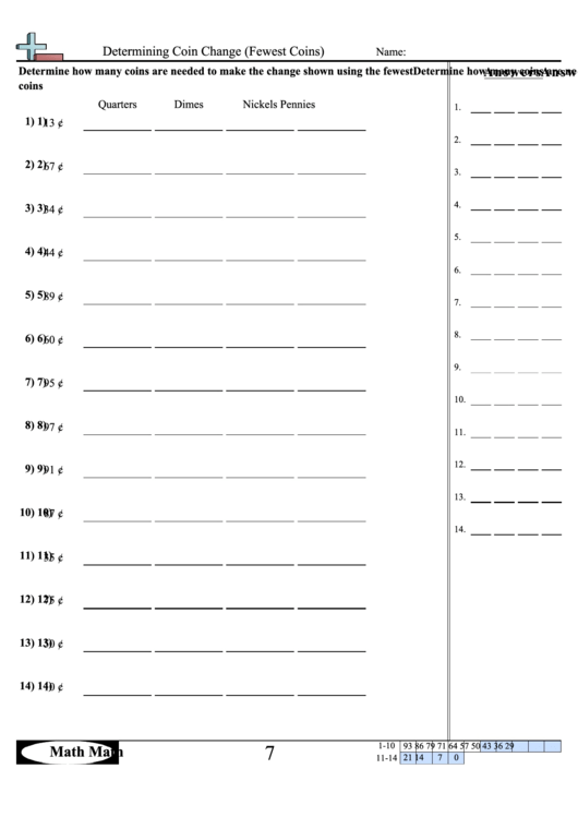 Determining Coin Change (Fewest Coins) Worksheet printable pdf download