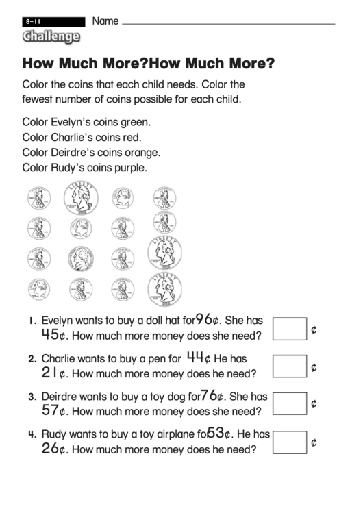 How Much More - Challenge Math Worksheet With Answer Key Printable pdf