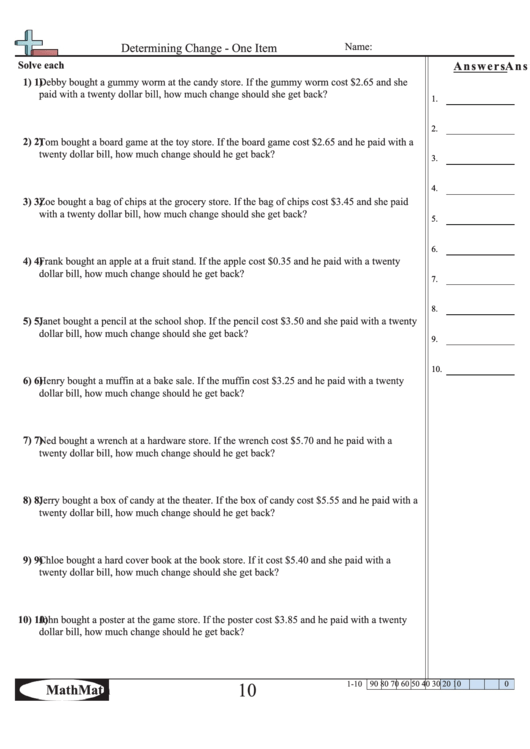 Determining Change - One Item Worksheet Printable pdf