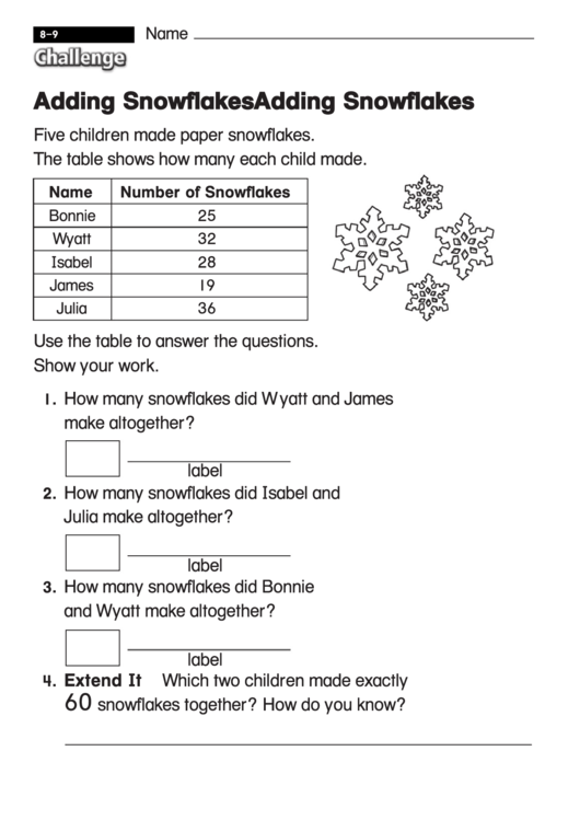 Adding Snowflakes - Challenge Math Worksheet With Answer Key Printable pdf