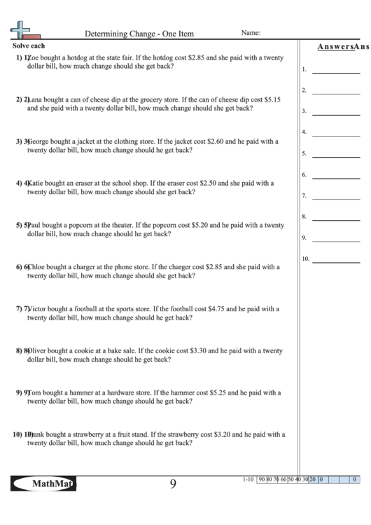 Determining Change - One Item Worksheet Printable pdf