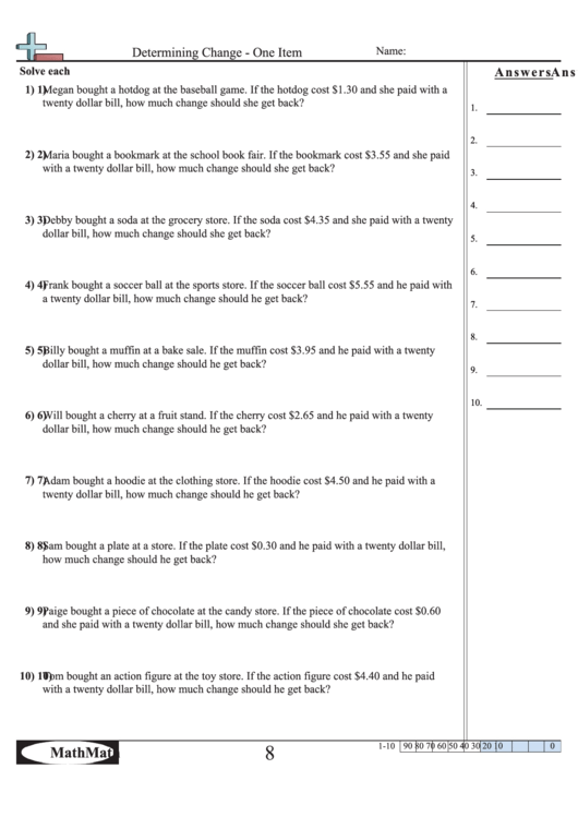 Determining Change - One Item Worksheet Printable pdf