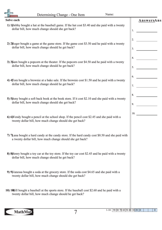 Determining Change - One Item Worksheet Printable pdf