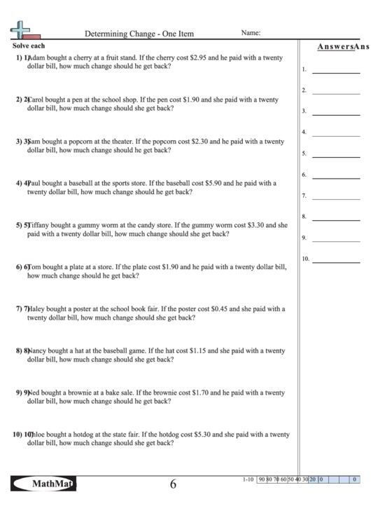 Determining Change - One Item Worksheet Printable pdf