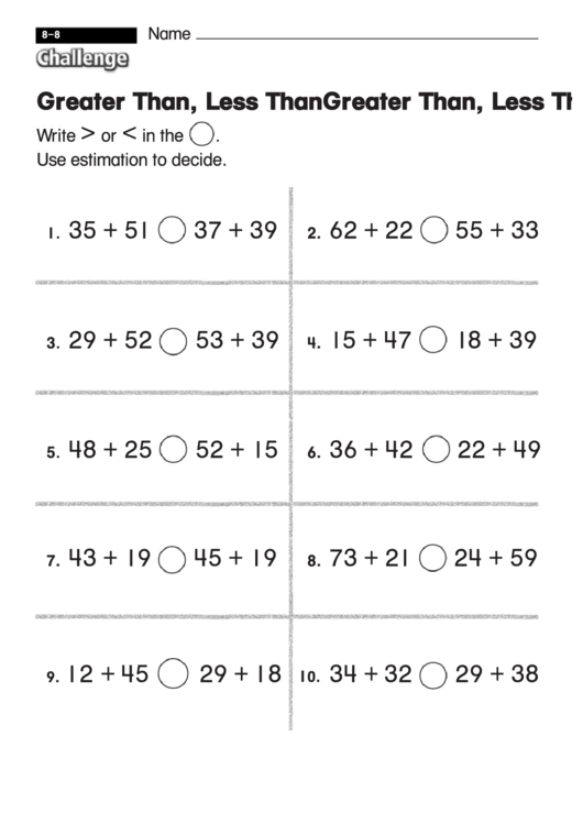 Greater Than, Less Than - Challenge Math Worksheet With Answer Key Printable pdf