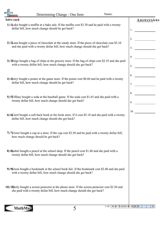 Determining Change - One Item Worksheet Printable pdf