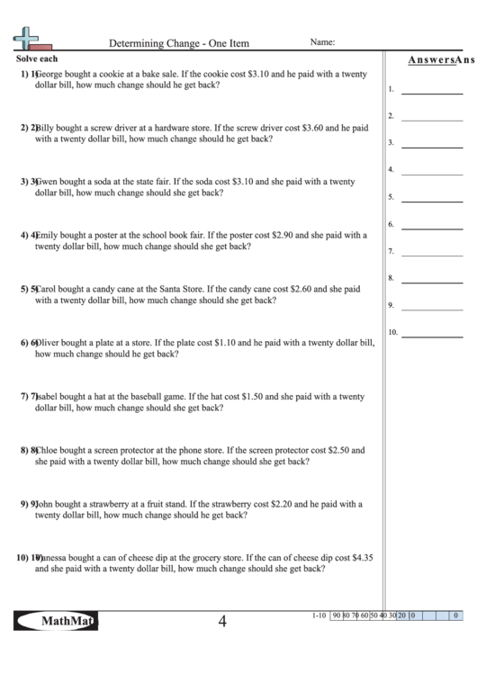 Determining Change - One Item Worksheet Printable pdf