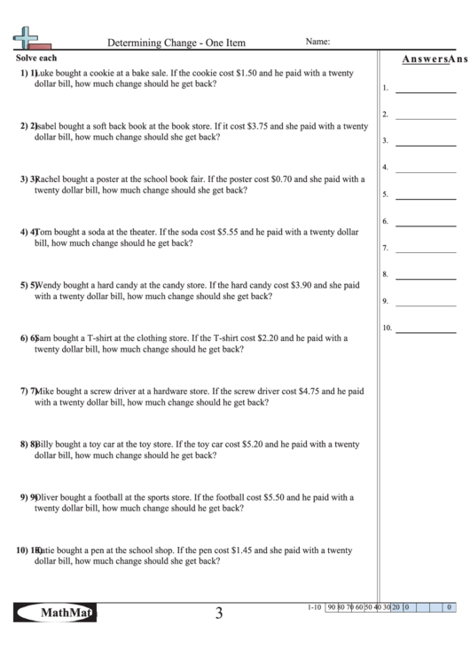 Determining Change - One Item Worksheet Printable pdf