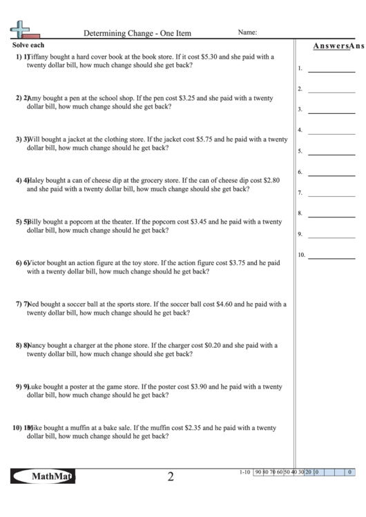 Determining Change - One Item Worksheet Printable pdf