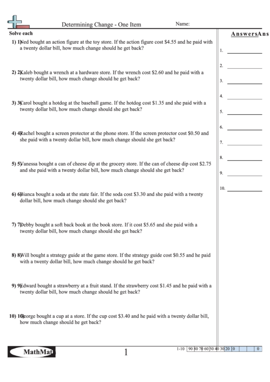 Determining Change - One Item Worksheet Printable pdf