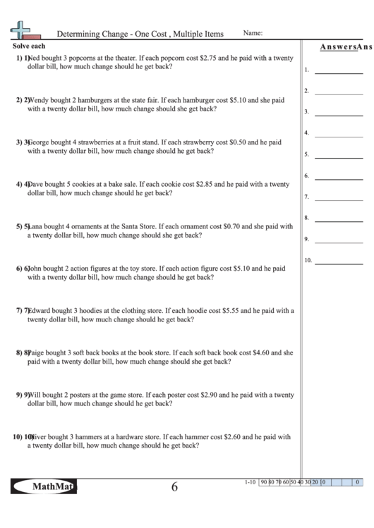 Determining Change - One Cost , Multiple Items Worksheet Printable pdf