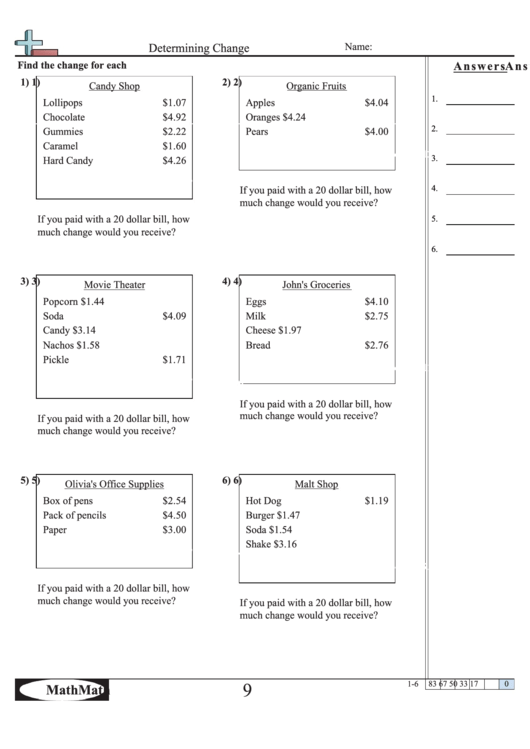 Determining Change Worksheet Printable pdf