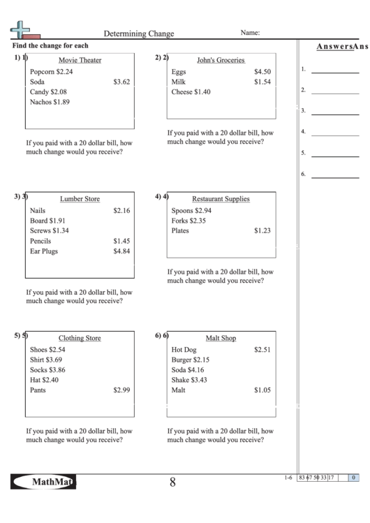 Determining Change Worksheet Printable pdf