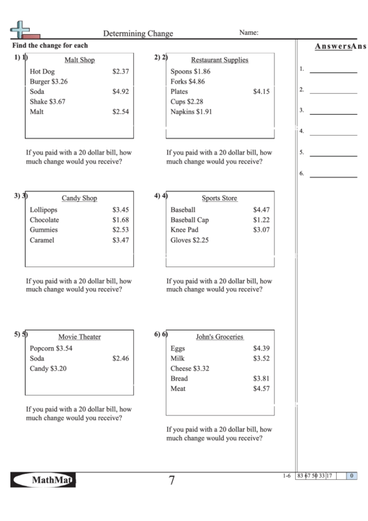 Determining Change Worksheet Printable pdf