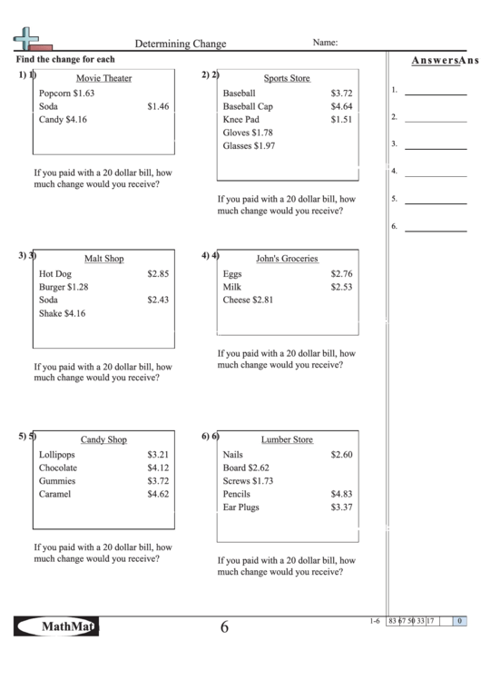 Determining Change Worksheet Printable pdf