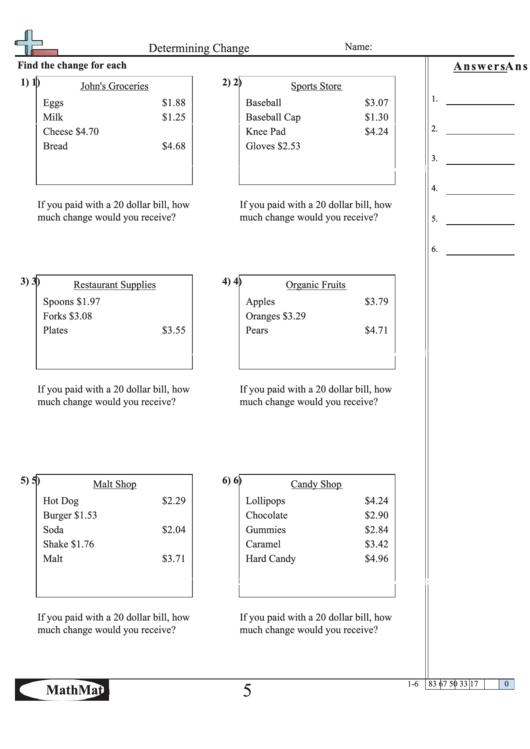 Determining Change Worksheet Printable pdf