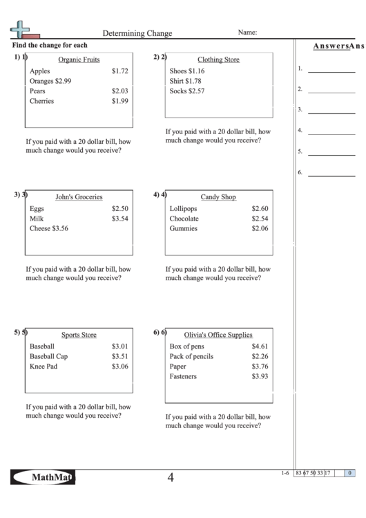 Determining Change Worksheet Printable pdf