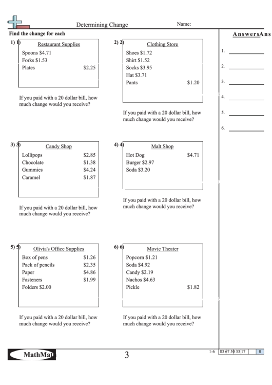 Determining Change Worksheet Printable pdf