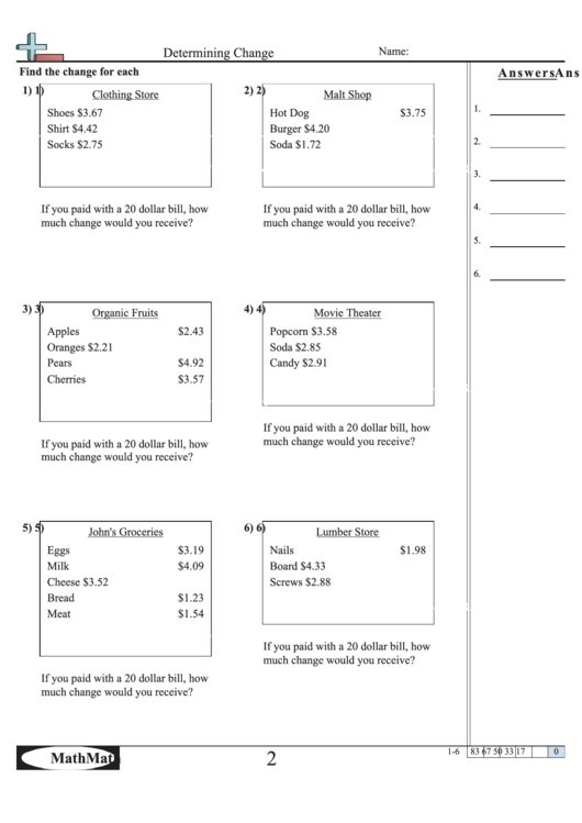 Determining Change Worksheet Printable pdf