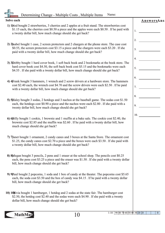 Determining Change - Multiple Costs , Multiple Items Worksheet ...