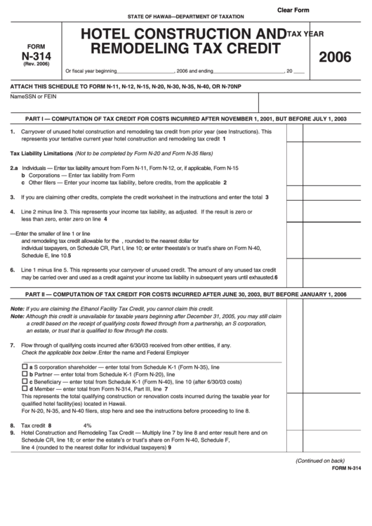 Fillable Form N-314 - Hotel Construction And Remodeling Tax Credit - 2006 Printable pdf