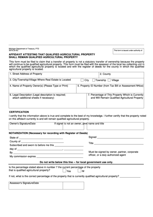 Form 3676 - Affidavit Attesting That Qualified Agricultural Property Shall Remain Qualified Agricultural Property Printable pdf
