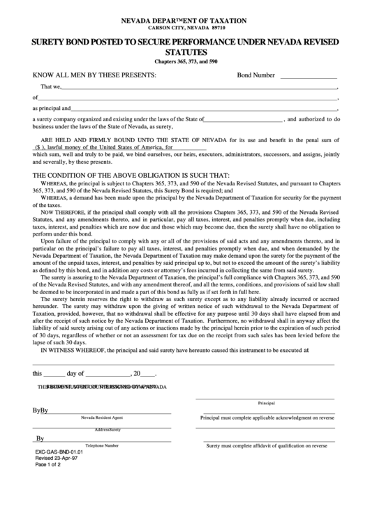 Form Exc-Gas-Bnd-01.01 - Surety Bond Posted To Secure Performance Under Nevada Revised Statutes Printable pdf