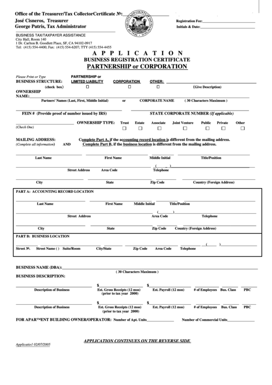 Applicaion Business Registration Certificate Partnership Or Corporation - California Treasurer/tax Collector Printable pdf