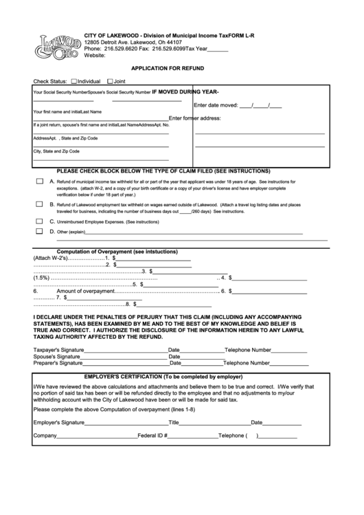 Form L-R - Application For Refund Printable pdf
