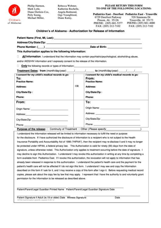 Form Hipaa - Authorization For Release Of Information June 2012