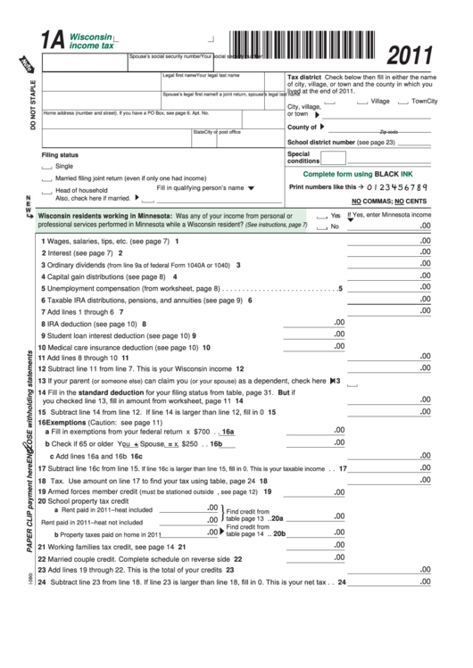 Form 1a - Wisconsin Income Tax - 2011 Printable pdf