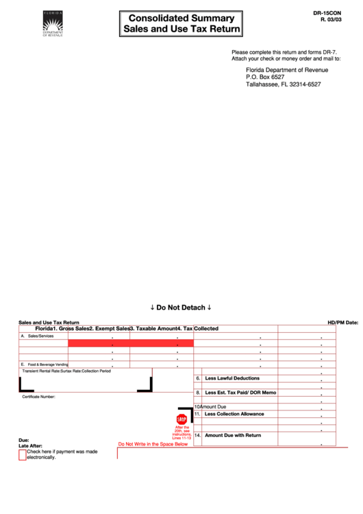 Form Dr-15con - Consolidated Summary Sales And Use Tax Return - 2003 Printable pdf