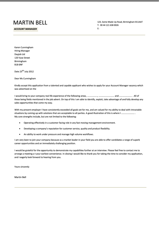insurance account manager cover letter template