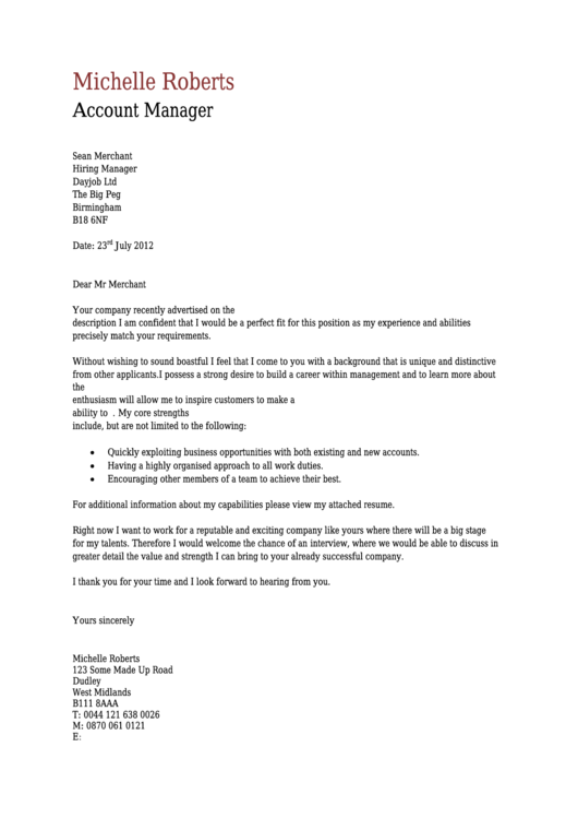 cover letter examples for account management