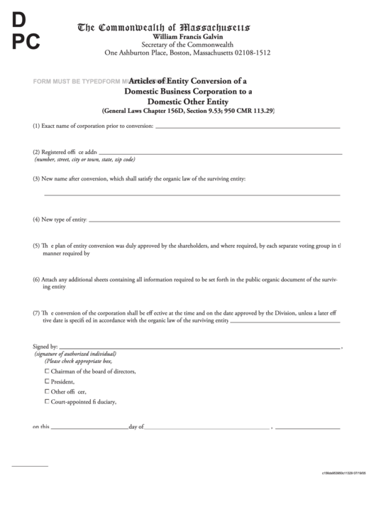 Fillable Articles Of Entity Conversion Of A Domestic Business Corporation To A Domestic Other Entity - Commonwealth Of Massachusetts Printable pdf