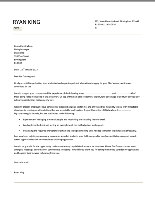 chef manager application letter