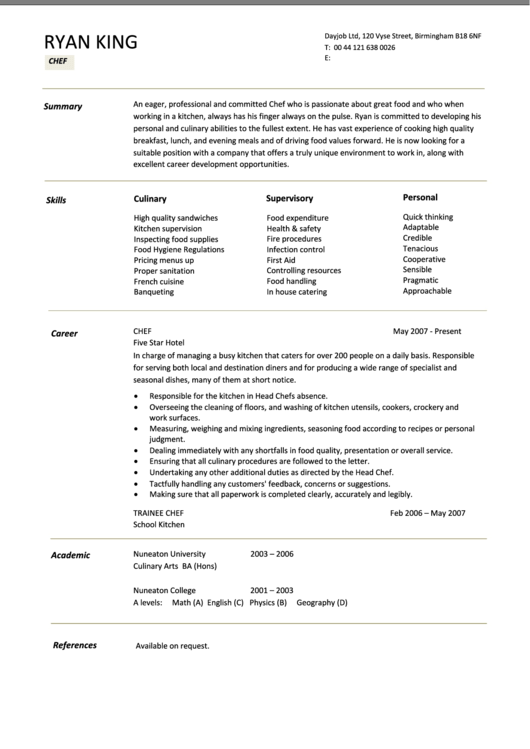 Ryan King Chef Template Printable pdf