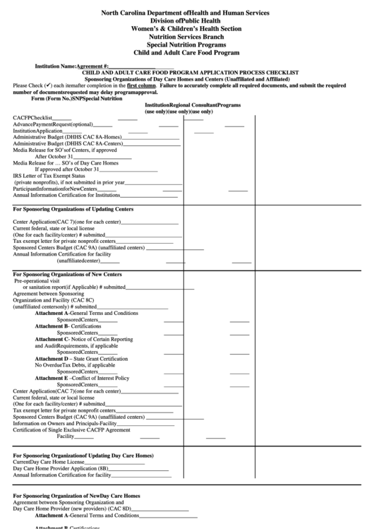 Fillable Child And Adult Care Food Program Form - North Carolina Department Of Health And Human Services Printable pdf
