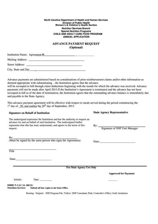 Fillable Advance Payment Request Form - North Carolina Department Of Health And Human Services Printable pdf