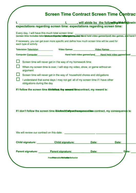 Fillable Screen Time Contract Template Printable pdf