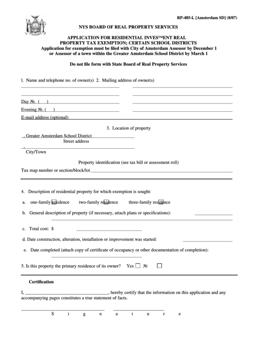 Form Rp-485-L - Application For Residential Investment Real Property Tax Exemption - Amsterdam Sd Printable pdf